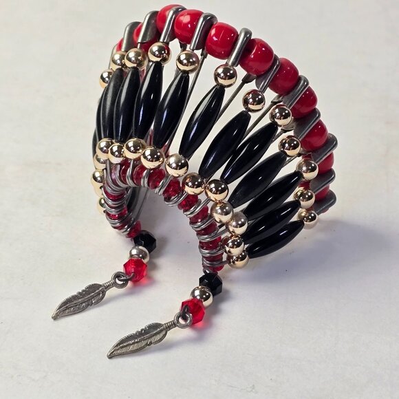 Vintage Beaded Safety Pin Art Fan Decor Red Black Gold Feathers Handmade 80s 90s - Picture 3 of 9